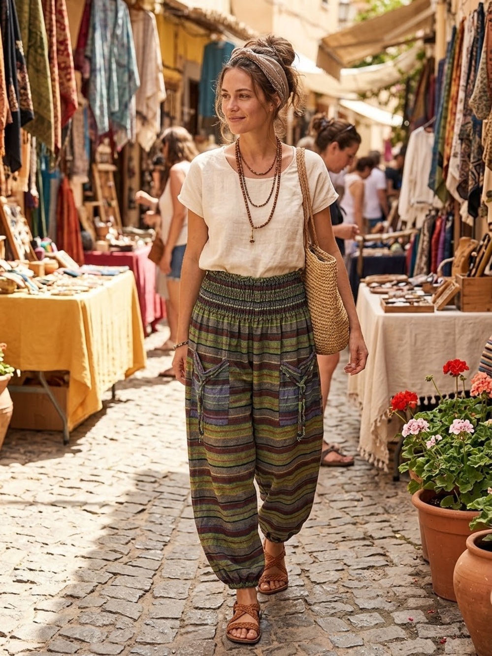 Kirat International One Size Multicolor Harem Cropped Pants Boho Smocked Waist